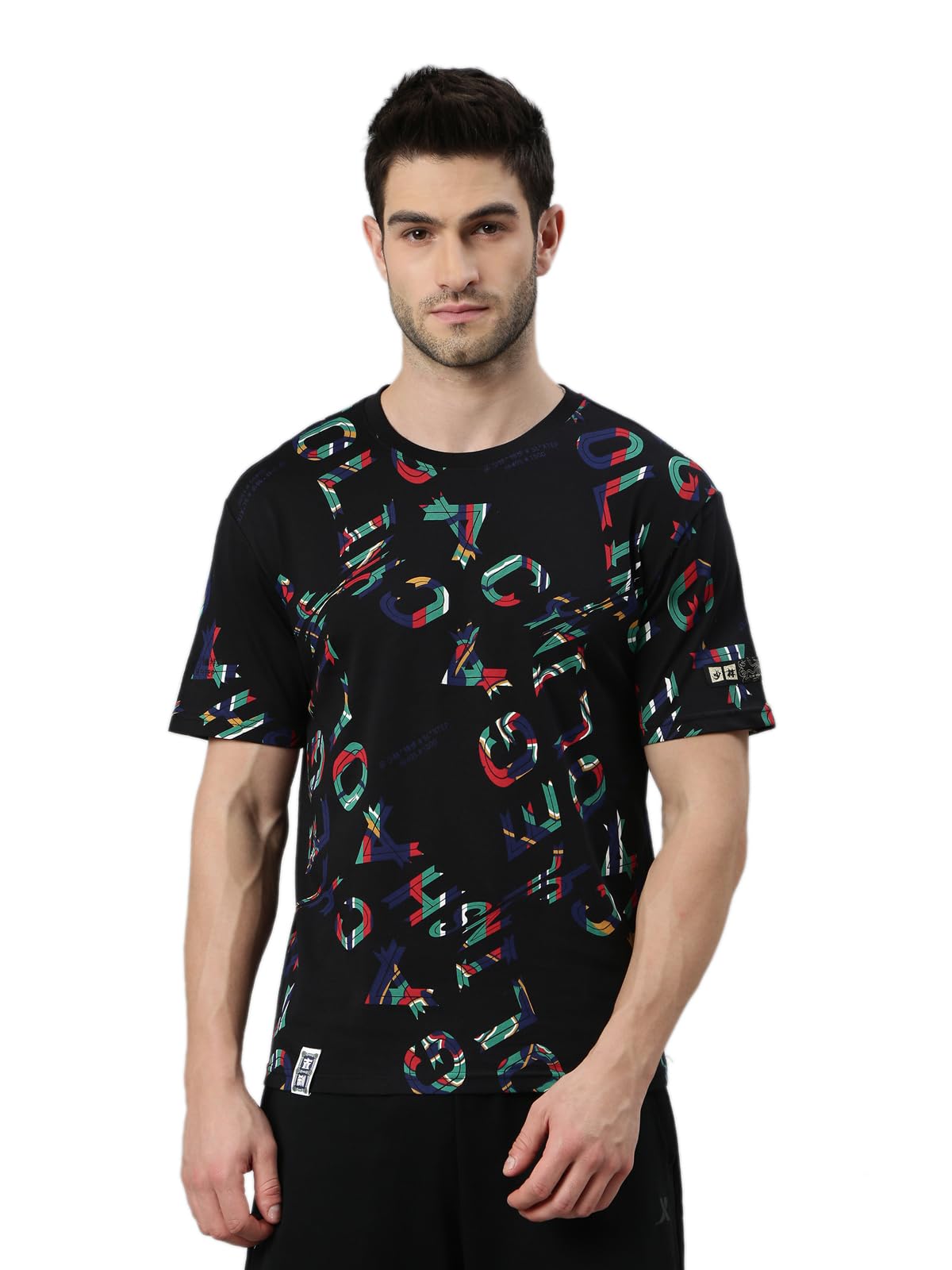 XTEP Shaolin Series, 100% Organic Cotton, Short Sleeve, Printed Pattern, Loose Fit, Round Neck, Sports Elastic Superior Stretch Training T-Shirts for Men - Black