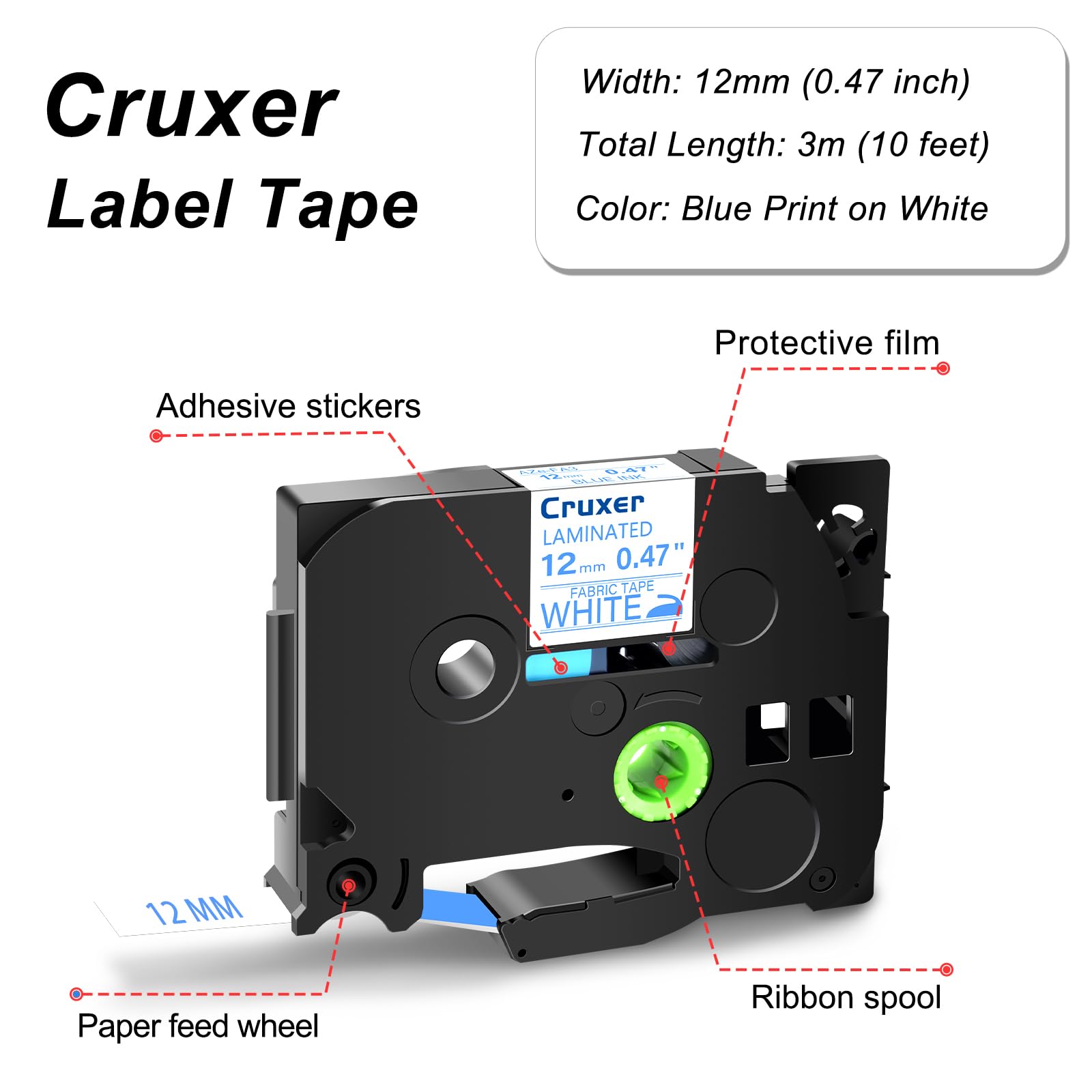 Cruxer 12er-Packung Kompatibel für Brother P-touch TZe-FA3 Textil-Aufbügel Kleidung Laminierte Bänder，Blau auf Weiß 0,47'' 12mm x 3m Schriftband Ersatz für Brother PT-H110 PT-D410 PT-E110VP