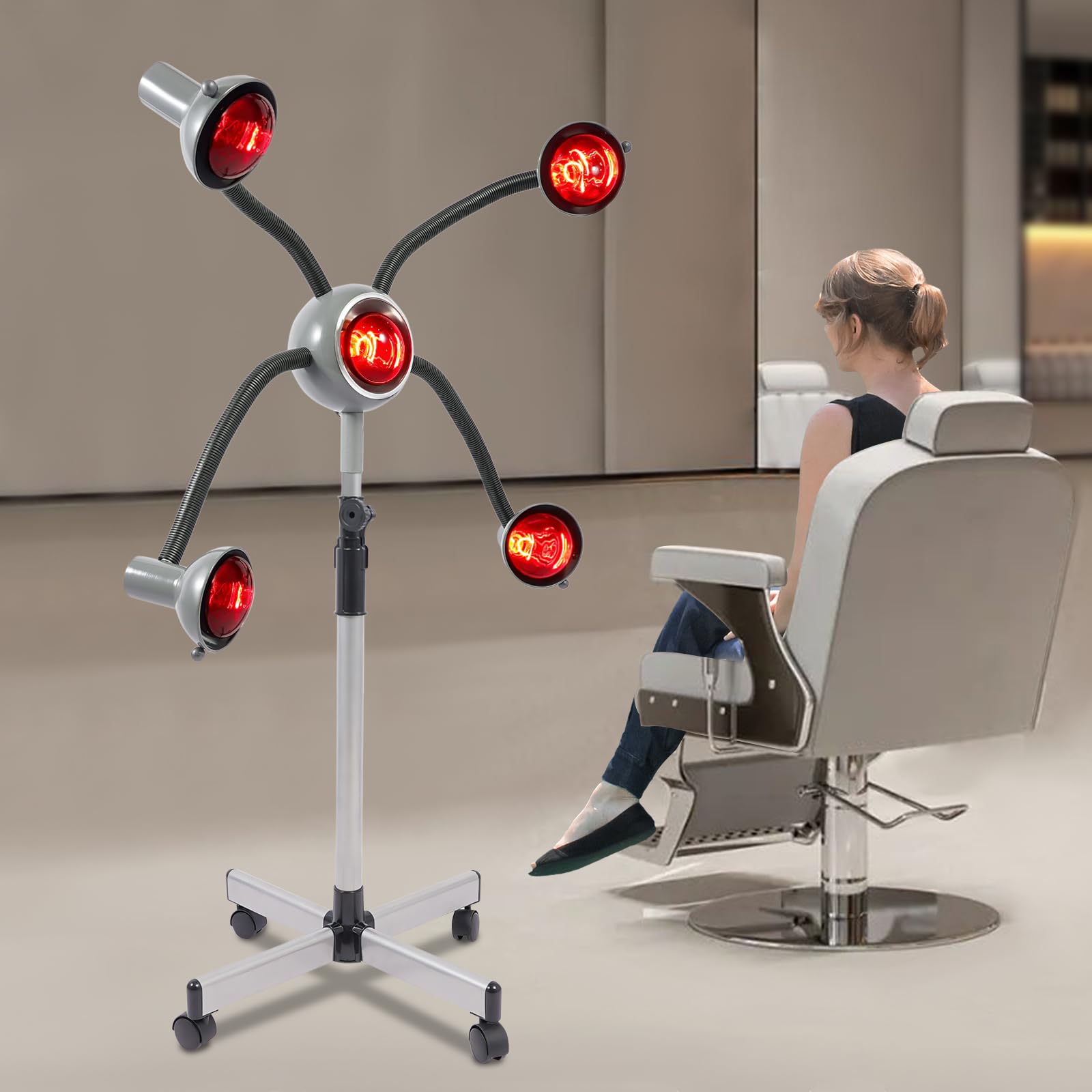 Lampada riscaldante a infrarossi a 5 teste da parrucchiere, con paralume protettivo, lampada a infrarossi, 40 – 80 °C, luce a infrarossi, 108 – 132 cm, altezza regolabile, colore bianco