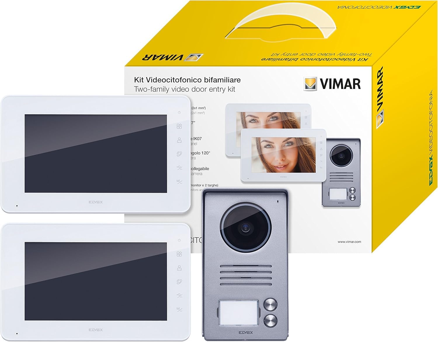 Vimar K40911 Kit Videocitofono Bifamiliare Con Alimentatori Multispina, ‎Attivazione con solo Movimento, Bianco / Grigio, ‎16 x 2 x 9 cm, 1.78 Kg