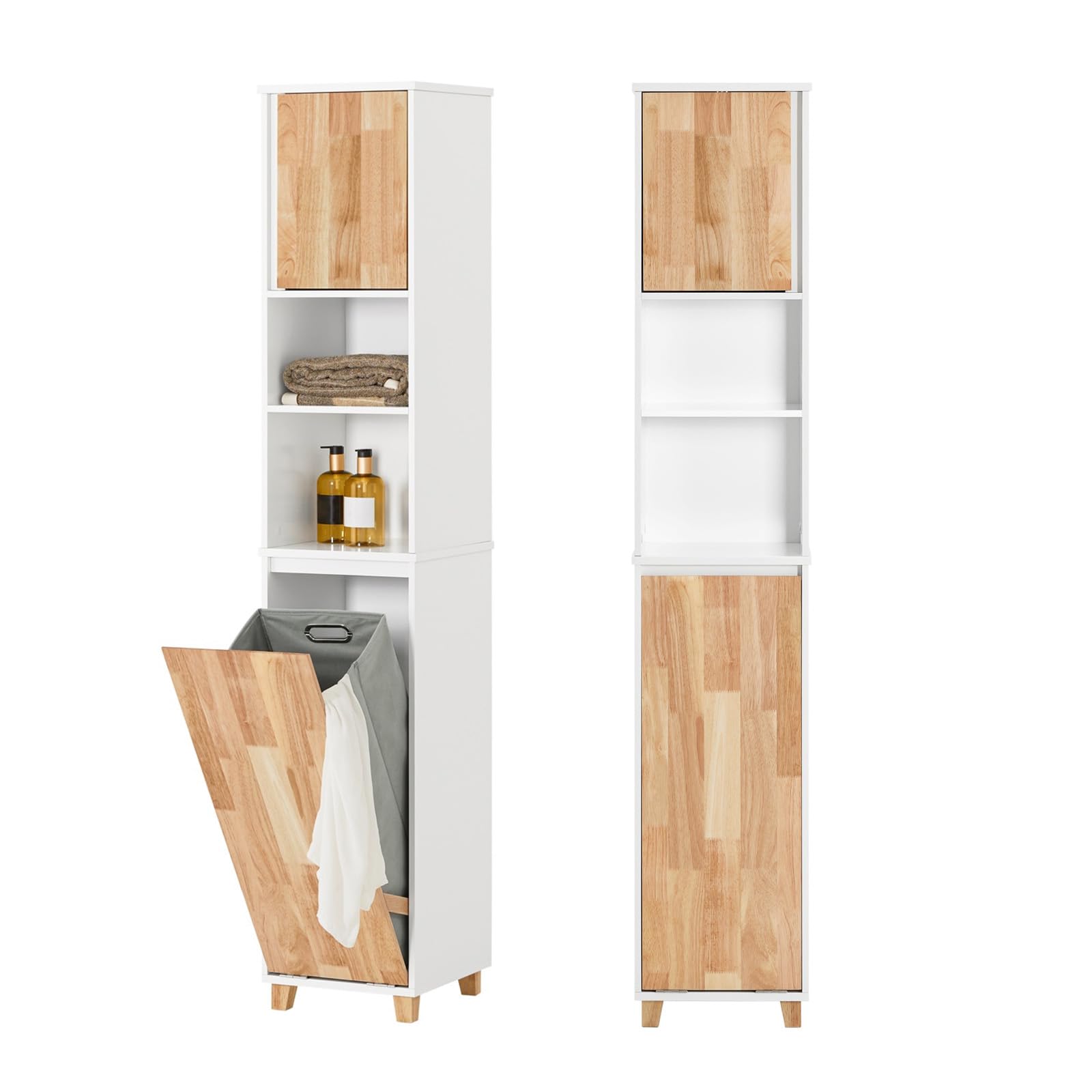 SoBuy Mobile Bagno - Mobiletto Bagno Salvaspazio con Cesto Portabiancheria Pieghevole, Mobile Alto e Stretto in Legno Resistente all’Umidità, Bianco, 31x170x32 cm, BZR74-W