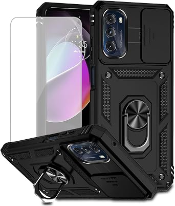 for Moto G 5G 2022 Case, Motorola G 5G 2022 XT2213-1 Case with Tempered Glass Screen Protector and Slide Camera Cover, Magnetic Ring Car Mount Holder Cover for Motorola Moto G 5G 2022 Black