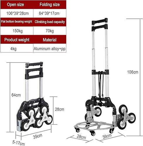 Miniatura 7 de CCJH Carro de mano plegable de capacidad, 4 ruedas universales y 2 cuerdas elásticas, carrito de escalada de escalera de aluminio con mango