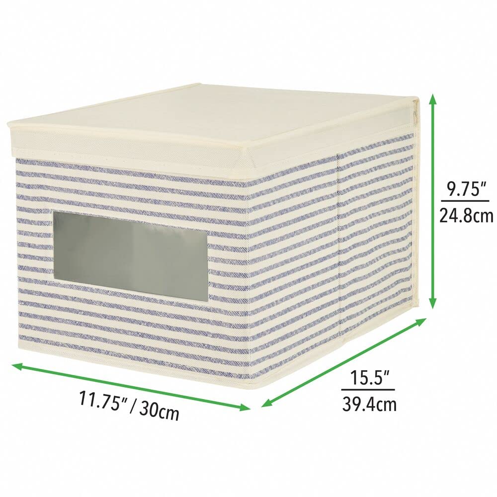mDesign 6er-Set Stoffbox – praktische Aufbewahrungsbox mit Deckel und Sichtfenster für Schlaf-, Wohn- oder Badezimmer – stapelbare Schrankbox aus atmungsaktiver Kunstfaser – naturfarben/blau