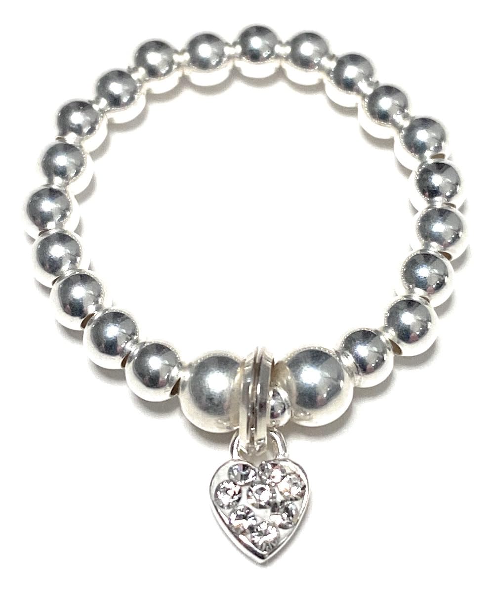 Sterling Silver 925 Beaded Stretch Mini Crystal CZ Heart Charm Ring