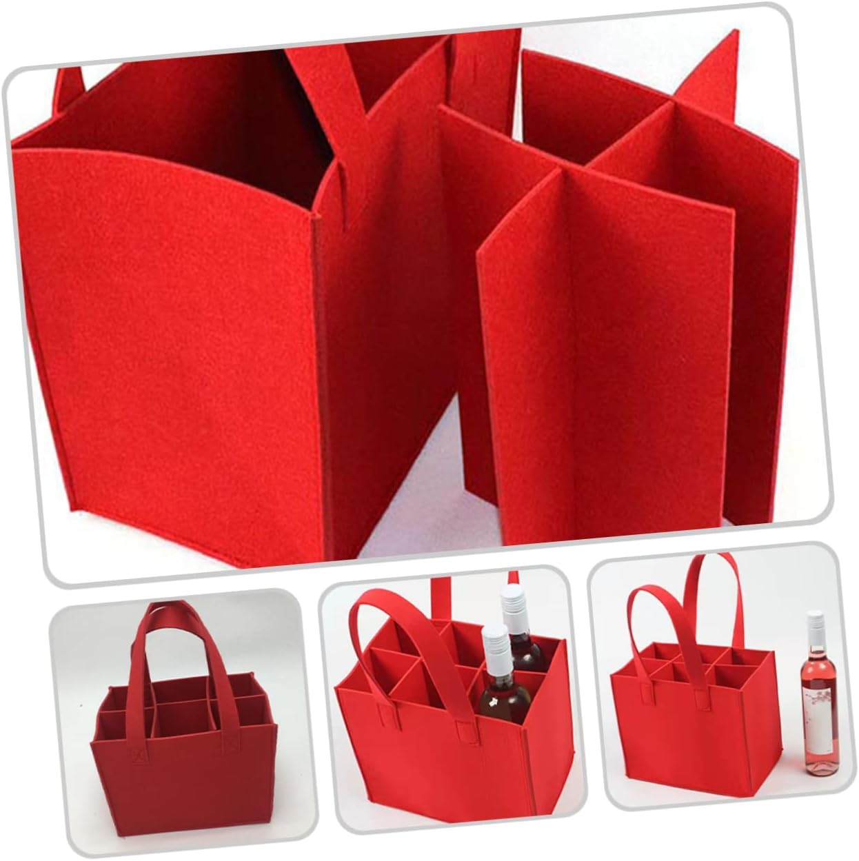 Divided Felt Wine Bag Holds 6 Bottles, Red Reusable Carrying Tote