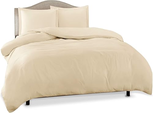 Clara Clark Funda de edredón de microfibra ultra suave de doble cepillado, funda de edredón con cierre de botón y 2 fundas de almohada, color crema,