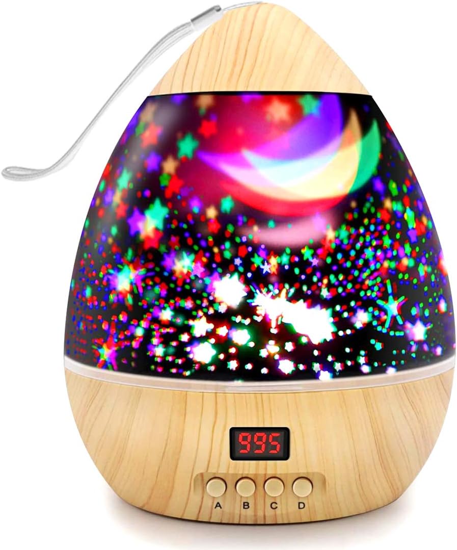 Projector Night Light with Timer Rotating Star Light Projector for Kids Colourful LEDs Lamp, Batteries or USB Operated, Great Present for Girls and Boys (Wood Grain)