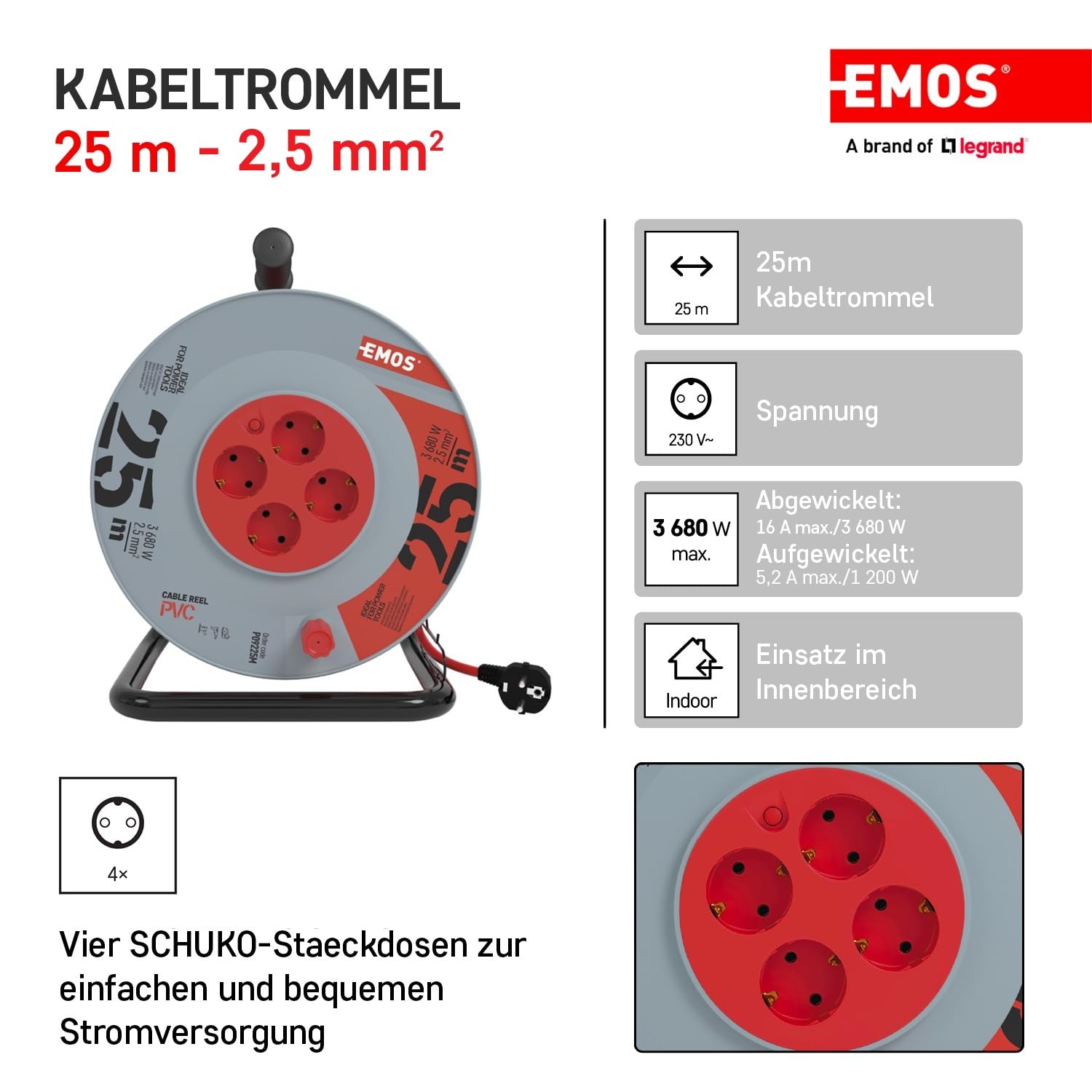 EMOS - Avvolgicavo da 25 m con prolunga rinforzata - 4 prese Schuko - 230 V, 16 A, 3680 W - Isolamento in PVC - H05VV-F3G 2,5 mm2 - Protezione contro il surriscaldamento - IP20 per interni