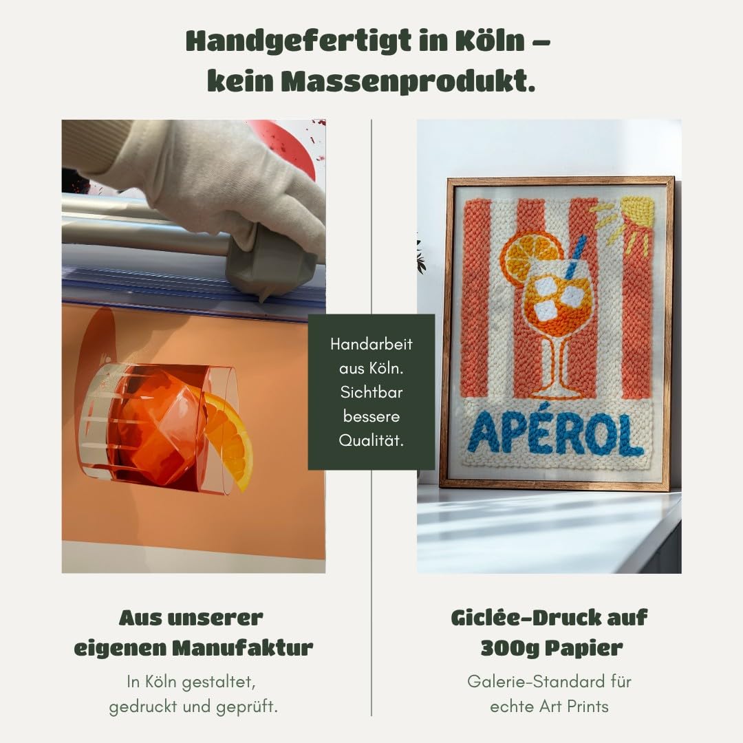 MJ-GRAPHICS® Poster Aperol Kunstdruck Stickerei Wandbild Rot Orange Deko Sommer Küche Wohnzimmer 50x70 mit braunem Rahmen