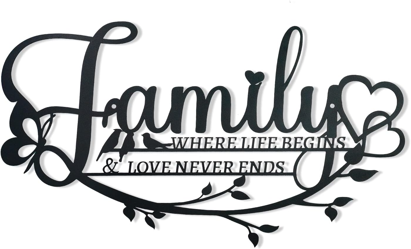 Family Sign Black Metal Wall Art Decor, Family Where Life Begins Love Never Ends Wrought Iron Wall Decorations, Hanging Family Signs Home Decor for Living Room Bedroom Dining Room Kitchen