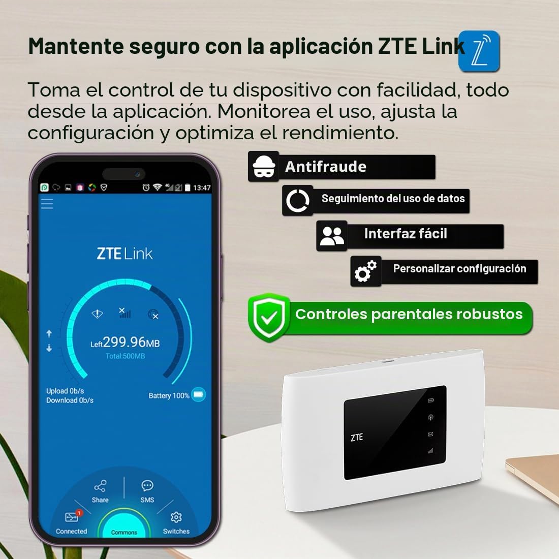 ZTE MF920, CAT4/4G LTE Mobile Wi-Fi, Punto de Acceso portátil Desbloqueado de bajo Costo, Conecta hasta 32 Dispositivos, batería de 2000 mAh, con Tarjeta SIM Smarty Gratis, Color Blanco