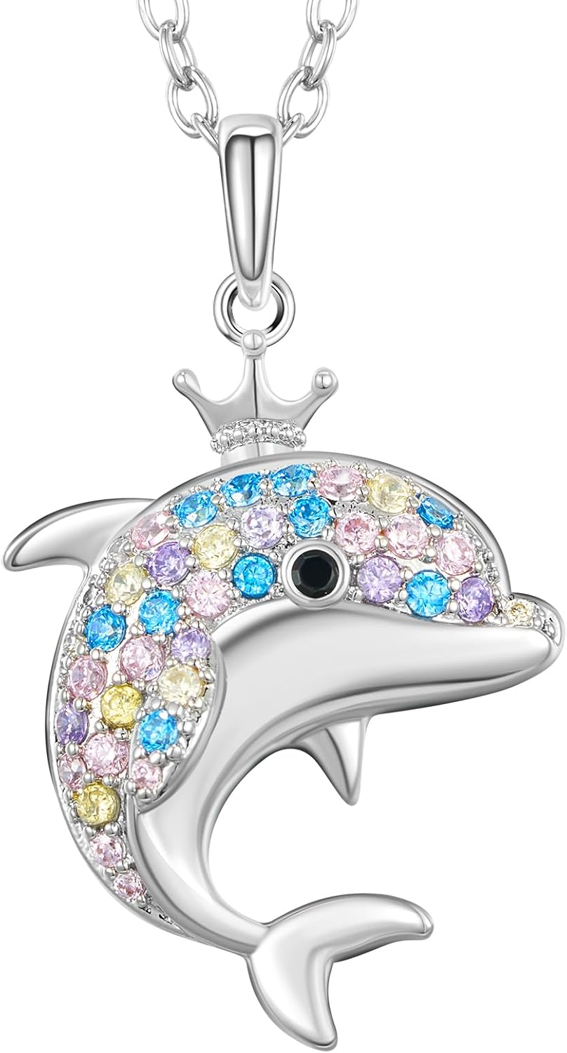 NORBU 3D Animal Necklace for Little Girls Women, Cubic Zirconia Kitty Cat Dog Panda Horse Dolphin Pendant, Girls' Jewelry Gift for Birthday Christmas