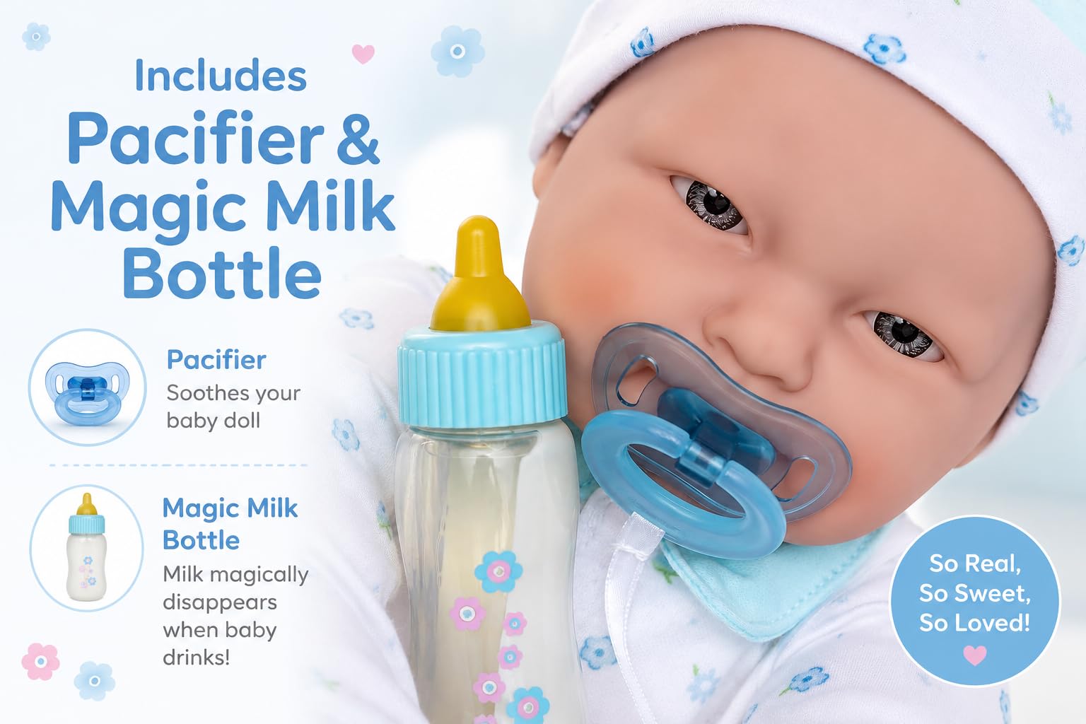 JC TOYS - Lalka La Baby 51 cm ma miękki i nadający się do prania korpus, magiczna butelka i smoczek, niebieski, zaprojektowana w Hiszpanii, 2 lata
