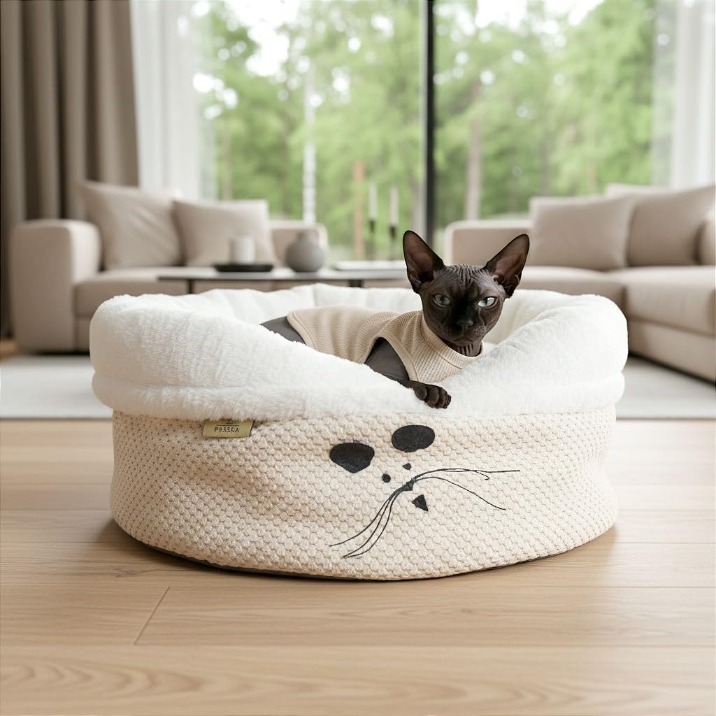 PRASKA Puffy Set – Cama y manta para gatos | Cama premium con cojín y manta | Cama suave para gatos y perros pequeños | Lavable | 50 cm | Azul