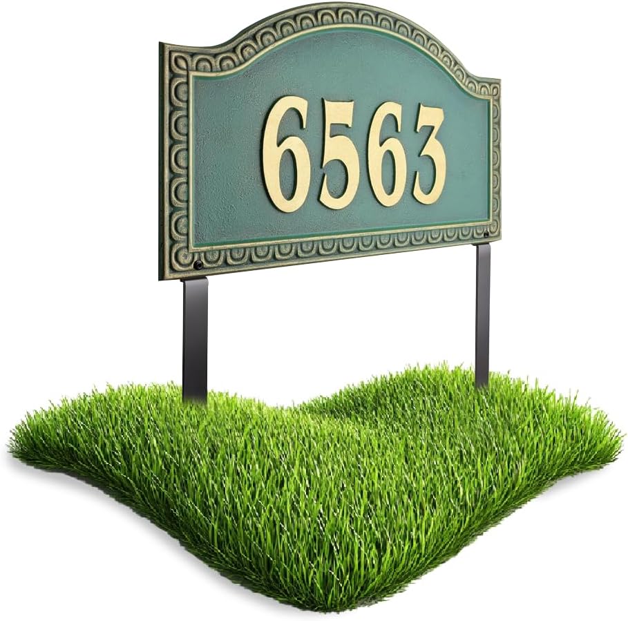 Whitehall™ Personalized Cast Metal Address Plaque Grande Lawn 1-line House Numbers Sign for Outside Penhurst Dresden Font Custom Arch Plaque for Yard Outdoor Garden Sign with Stakes Upto 5 Characters (5" inch)