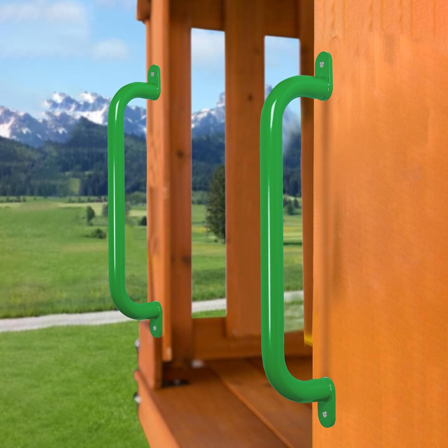 ESPETS 6 Pack 17 Inch Green Metal Safety Handles for Playground - Swing Set Accessories Grab Handles, Playset Hand Grips, Kids Indoor Monkey Bars for Jungle Gym, Climbing Frame