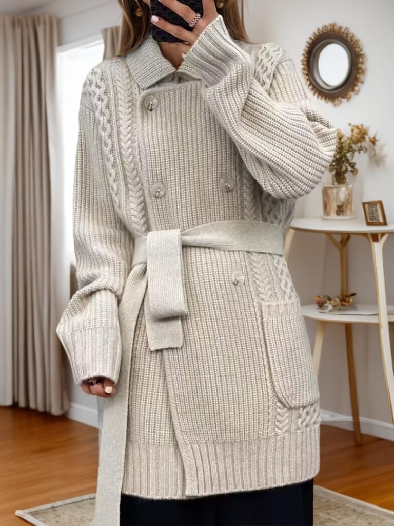 Gilet Long en Maille Torsadée pour Femme Col À Revers Veste Croisée en Maille avec Poches Manteau Gilet Oversize Épais et Chaud pour L'Automne et l'hiver