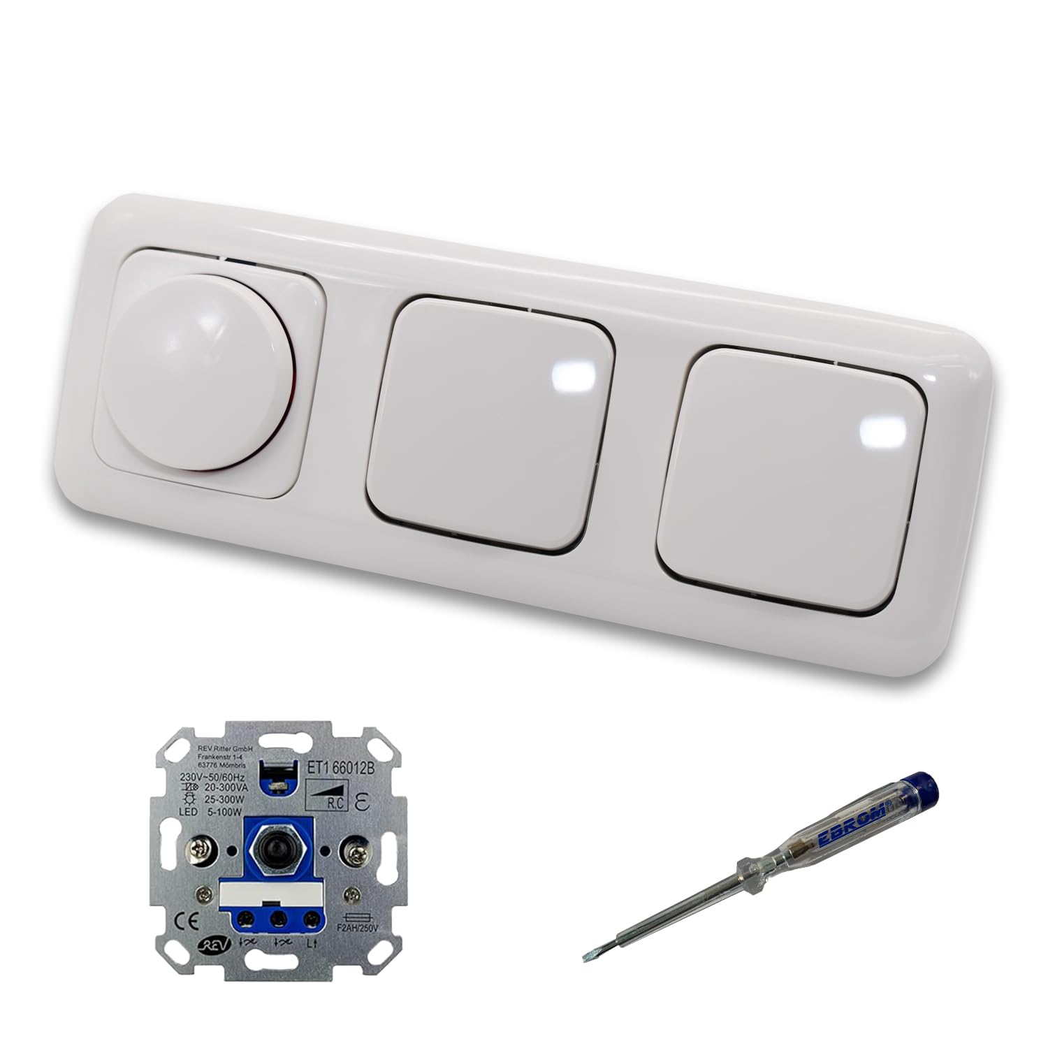 REV Ritter LED Drehdimmer Dimmer + Busch Jäger Dimmerscheibe 2115-214 und 2 x Lichtschalter 2000/6 US in Reflex Si alpinweiß glänzend inklusive EBROM Phasenprüfer zur Montage der Geräte ET1 66012B