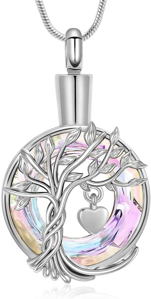 Tree of Life Memorial Ashes Lockets, Cremation Jewelry Keepsake Pendant for Ashes for Women for Men-Silver Pink