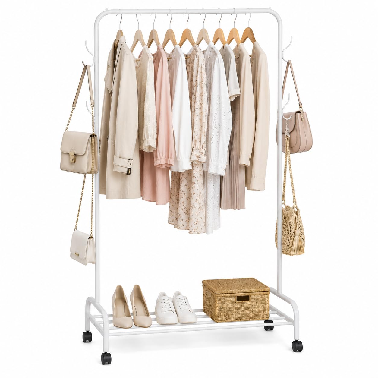 TIENDA EURASIA – Perchero Burro para Ropa con Ruedas | Acero | 4 Ganchos Laterales | Topes Antideslizantes | 4 Ruedas con Freno | Carga Máxima 25 kg | Blanco | 160x118x45.5 cm
