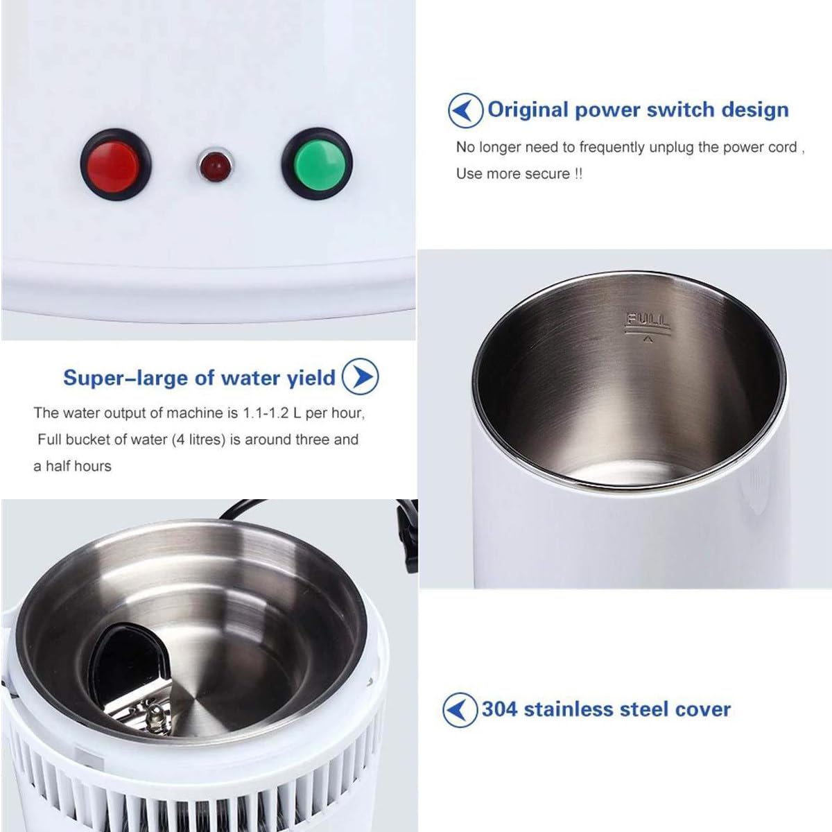 Destilador De Agua 4 L, Destilador De Agua Pura Para El Hogar, Filtro De Agua Destilada, Equipo Purificador De DestilacióN, Interior De Acero Inoxidable, ProteccióN Contra Sobrecalentamiento, 1 L/H