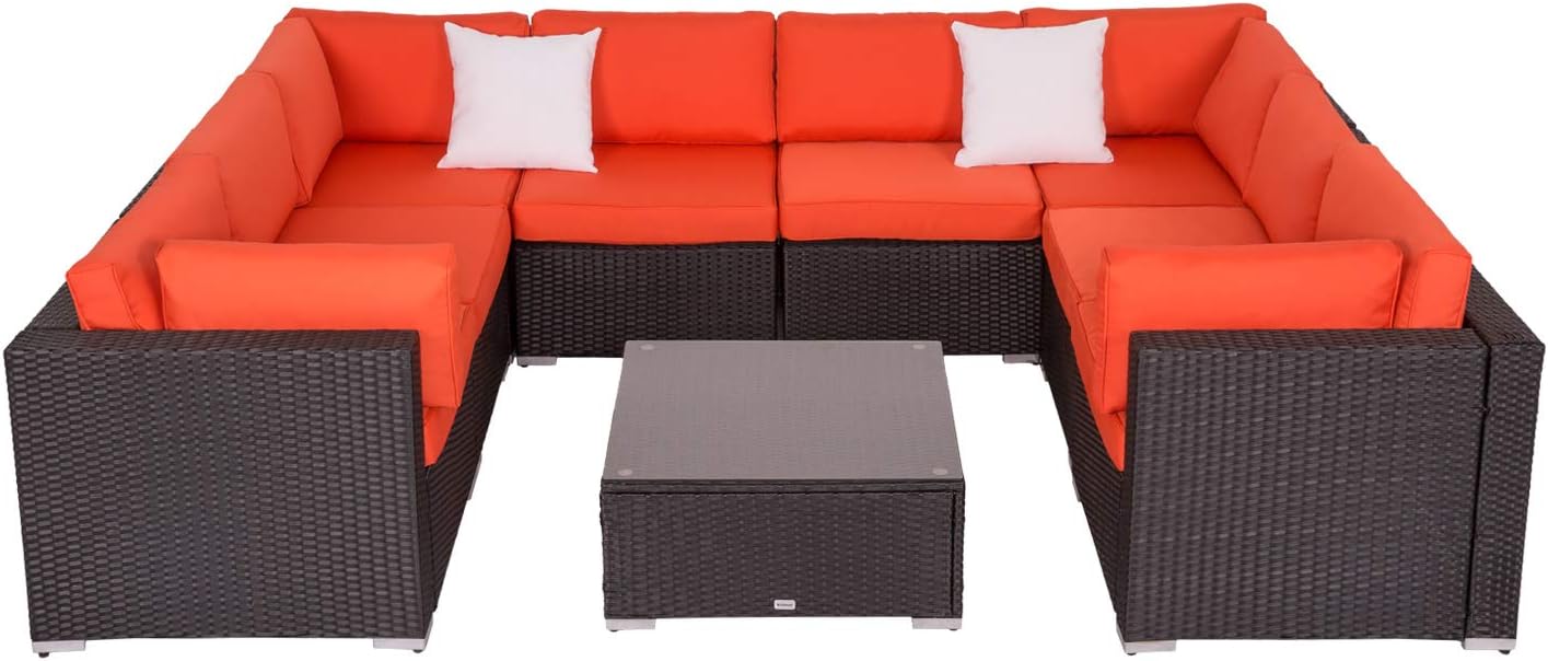 Kinsunny 9 PCs Outdoor Patio PE Rattan Wicker Sofa Sectional Furniture with 2
