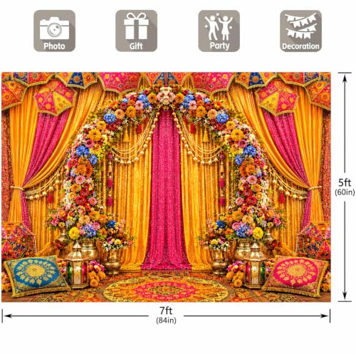 Image of India Wedding Backdrop, Traditional Haldi Mehndi Pooja Decorations, Colorful Marigold Floral Bridal Shower Fabric Photography Background wall Decor Props 7x5FT