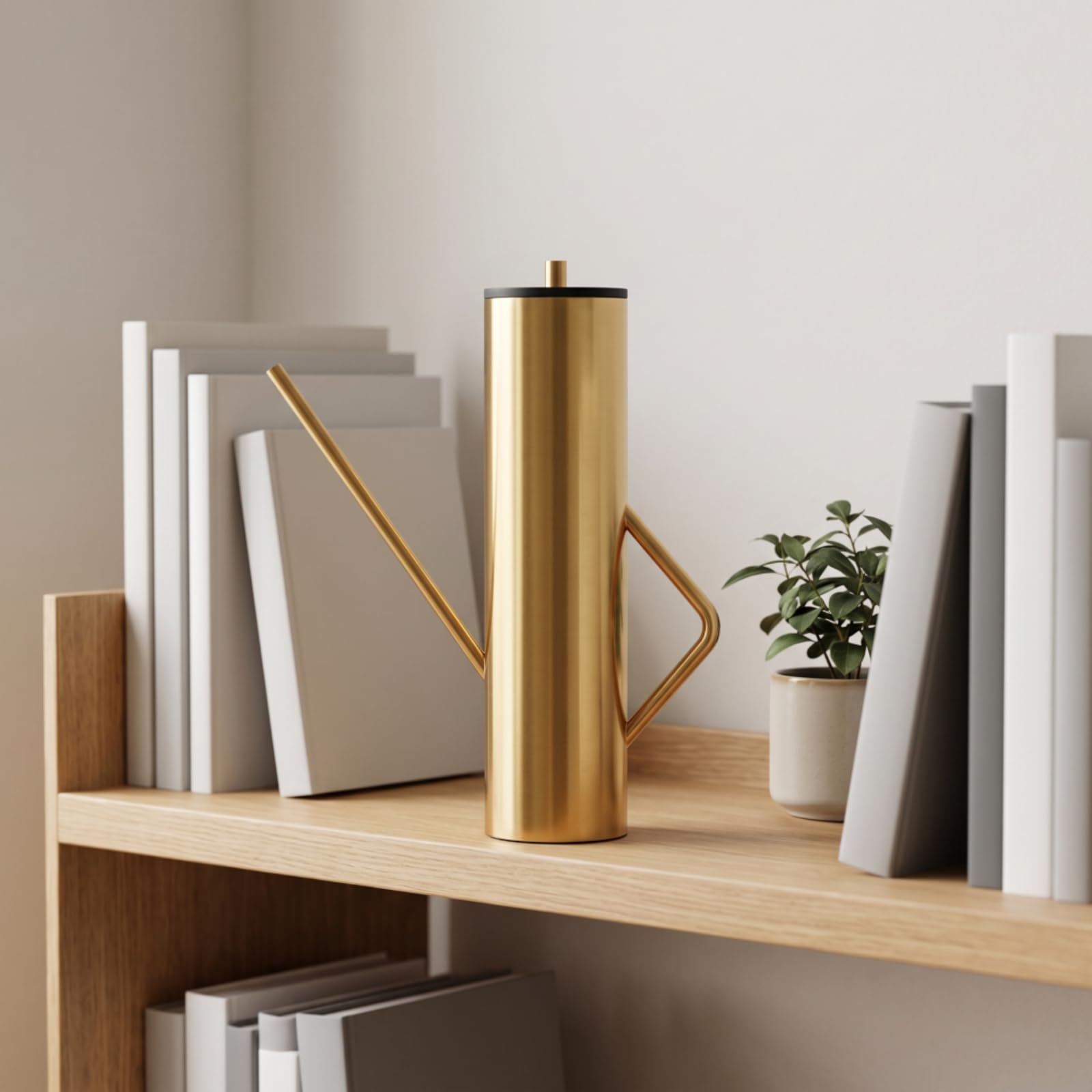 Baoblaze Jarrón Geométrico Decorativo Escultura Moderna Tetera Cuerpo Cilíndrico Metal Dorado Tapa Madera Asa Geométrica Larga Adecuado para Estanterías
