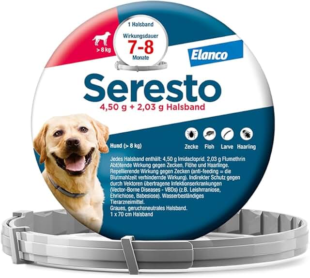 Elanco Seresto® Halsband für große Hunde ab 8 kg: 7 bis 8 Monate wirksamer Schutz gegen Zecken und Flöhe, Länge 70 cm, 4,50 g + 2,03 g product image