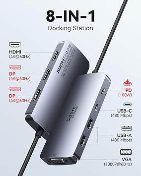 USB C Docking Station Dual DisplayPort Monitor, USB C Hub DisplayPort with 2 DP, HDMI, VGA, 100W PD Charging, USB-A/C 2.0 Ports - Multi Monitor Adapter for Dell, HP, Lenovo and More