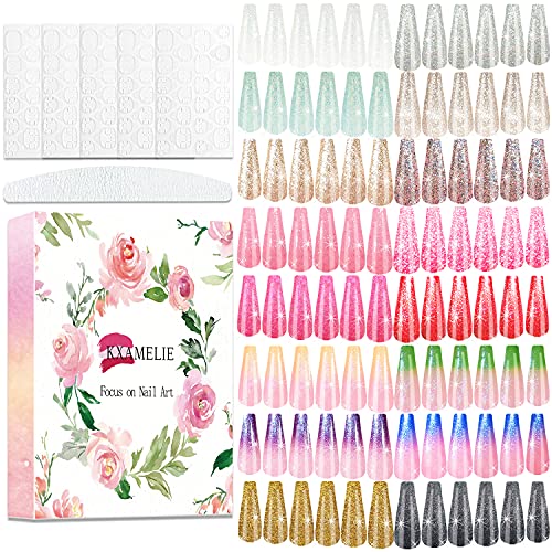 KXAMELIE 16 Sheets Extra Long Coffin Fake Nails Glitter Shimmering Powder Ballerina Press on Nails Colorful Gradiant Ful