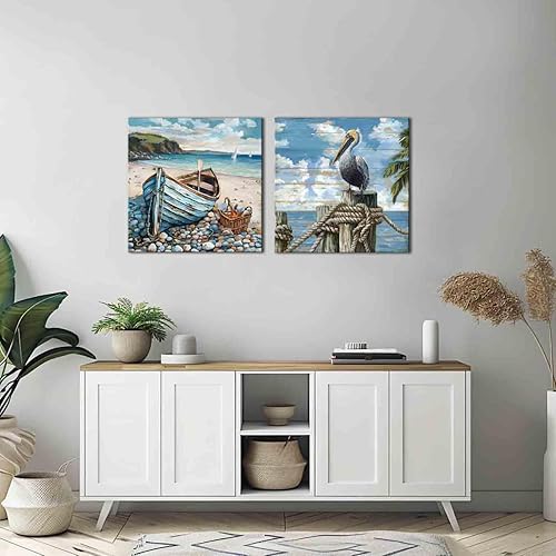 Miniatura 8 de Decoración de baño, arte de pared de playa, tema oceánico, imagen azul, impresión en lienzo, obra de arte costera moderna, enmarcada para colgar,
