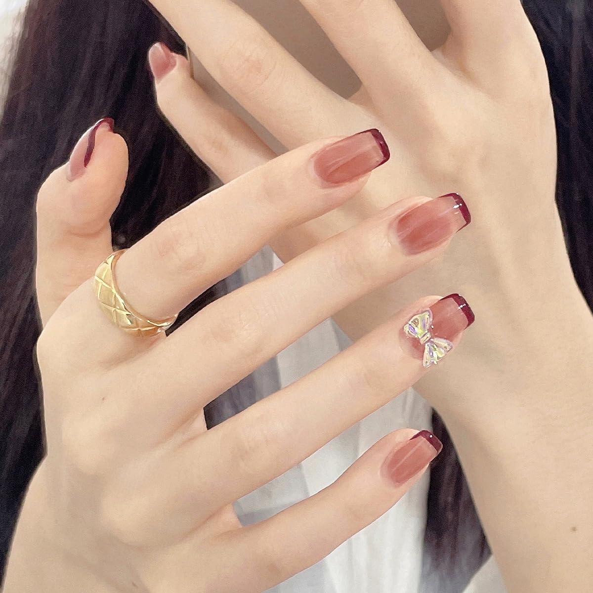 Burgundy French Tip Press On Nails with 3D Butterfly Design | Glossy Nude Pink Square Fake Nails | Medium Length Reusable Stick On Nails for Women | Salon Style Full Cover Artificial Nails 24 Pcs-image-48