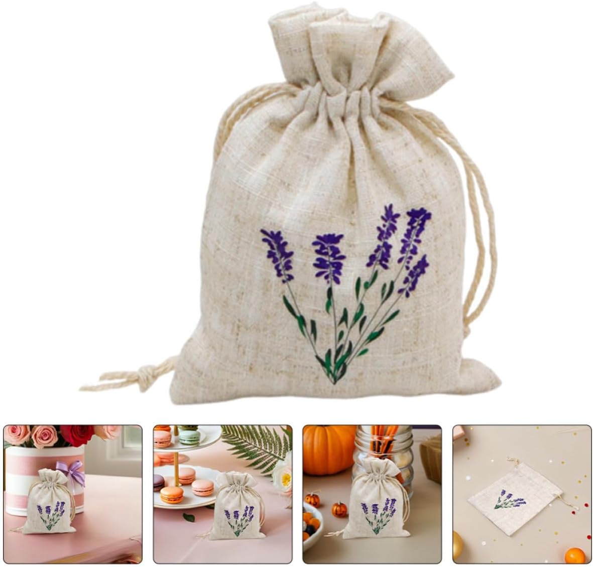12pcs Lavender Sachet Drawstring Bags Empty Refillable Fabric Pouches Elegant Realistic Lavender Pattern and Snacks for Bedrooms and Home Fragrance