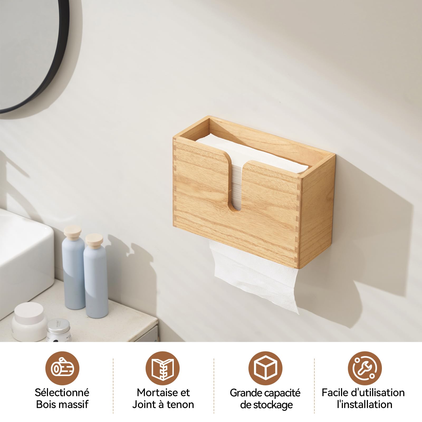 KIRIGEN Distributeur d’Essuie-Mains, Porte-Serviettes en Bois, Naturel | Plis C, Z et multifold, fixation murale, intérieur 27,5 × 10 cm, livré monté, assemblages à tenon et mortaise, huile végétale