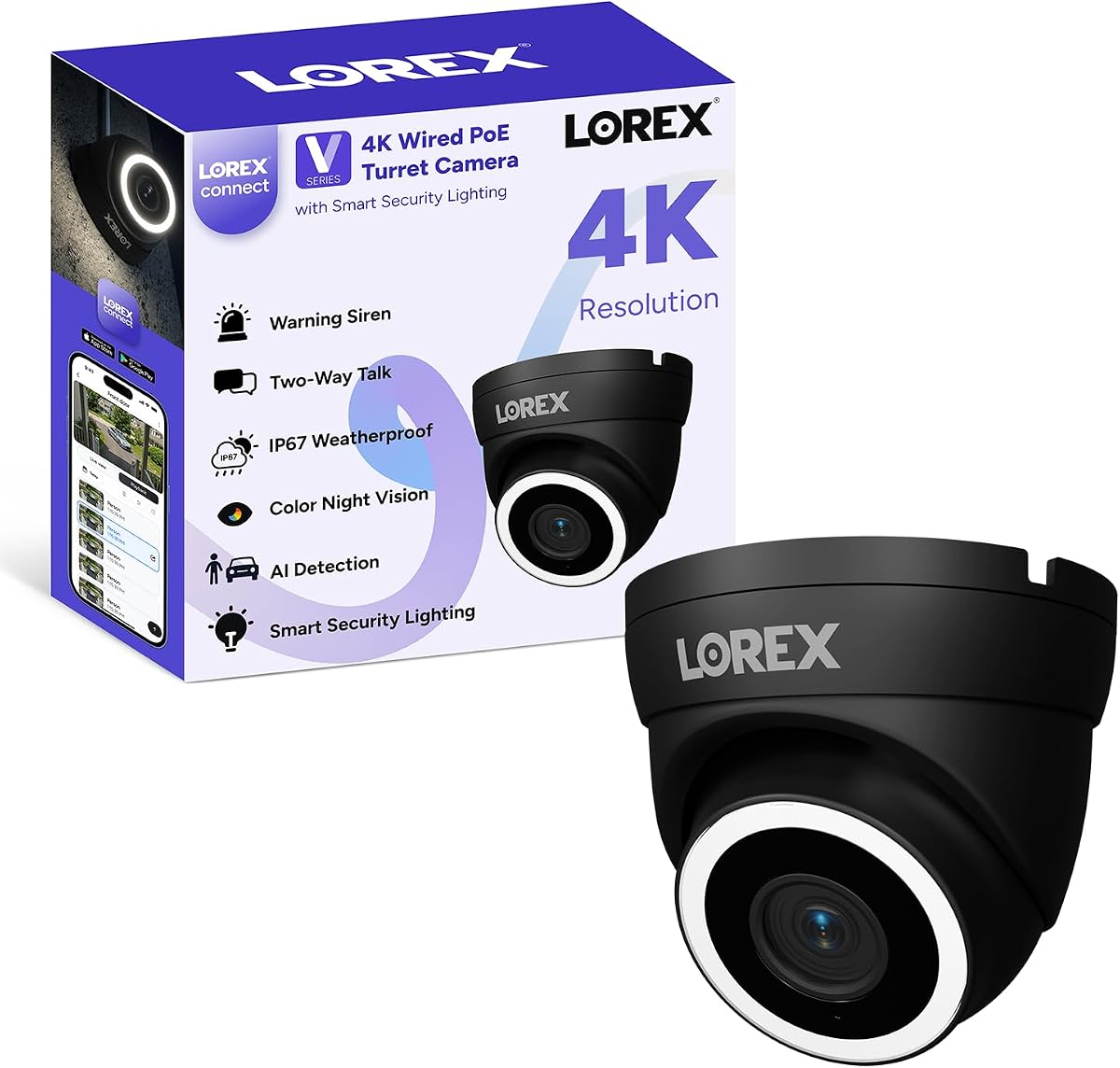 Conectar (nueva aplicación) | Cámara domo IP PoE V3 4K adicional al NVR de la serie V | Negro | Cables no incluidos | Detecciones de IA | Visión nocturna en color | Luces y sirenas de disuasión | Conversación bidireccional | IP67 Resistente a la intemperie