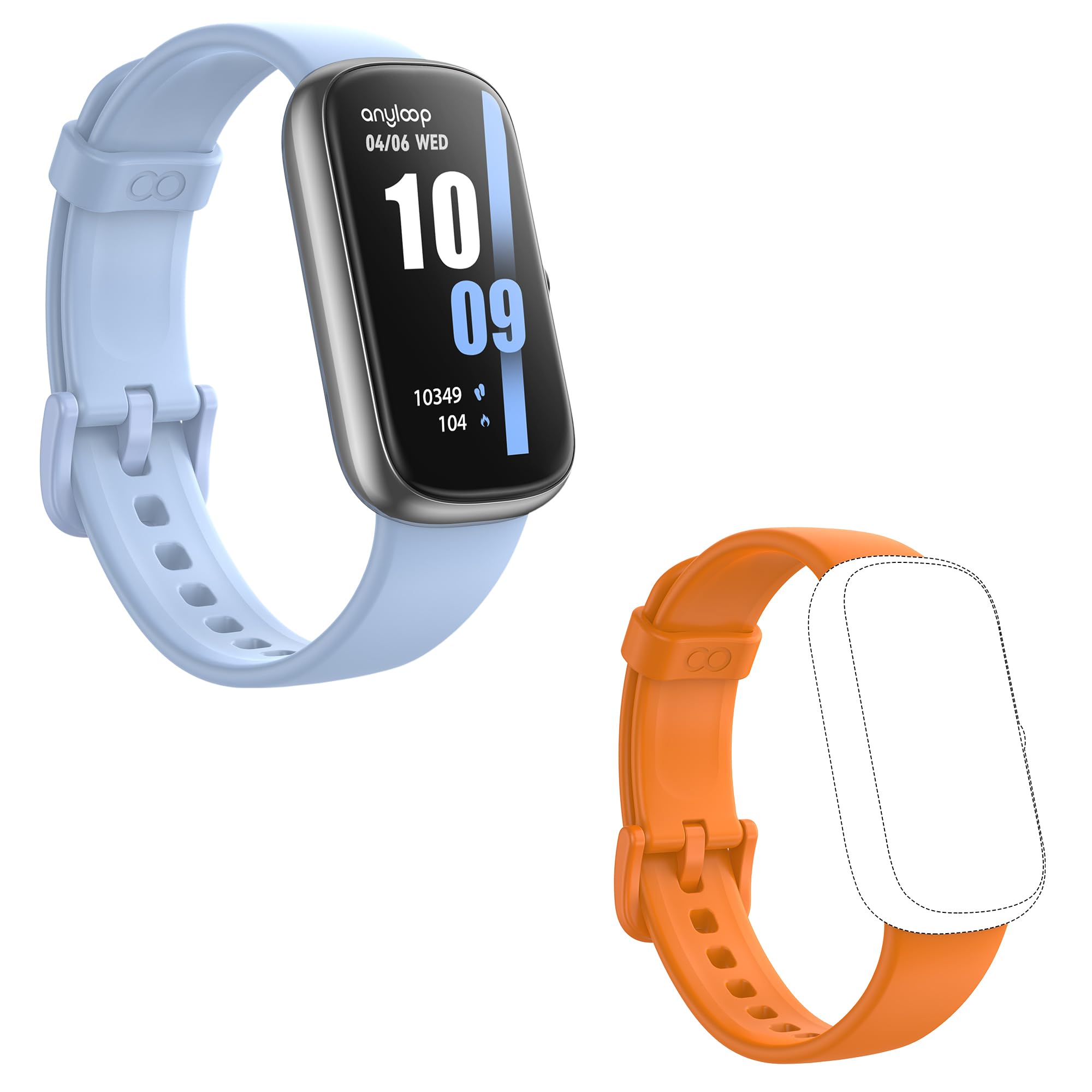 anyloop Fitness Tracker ALB1pro (SkyBlue) with 16mm Replacement Strap/Smartwatch Band (Orange)