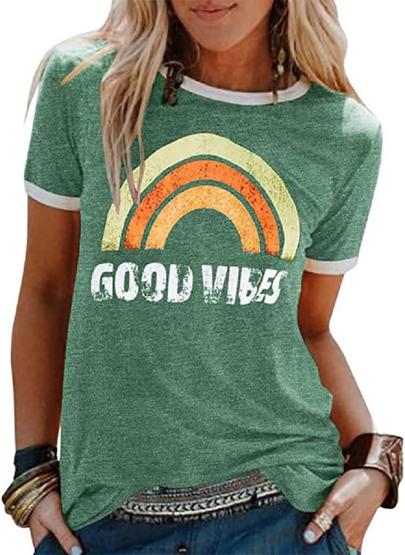 Womens Rainbow Graphic T-Shirts Summer Short Sleeve Crew Neck Vintage Graphic T Shirts Tops