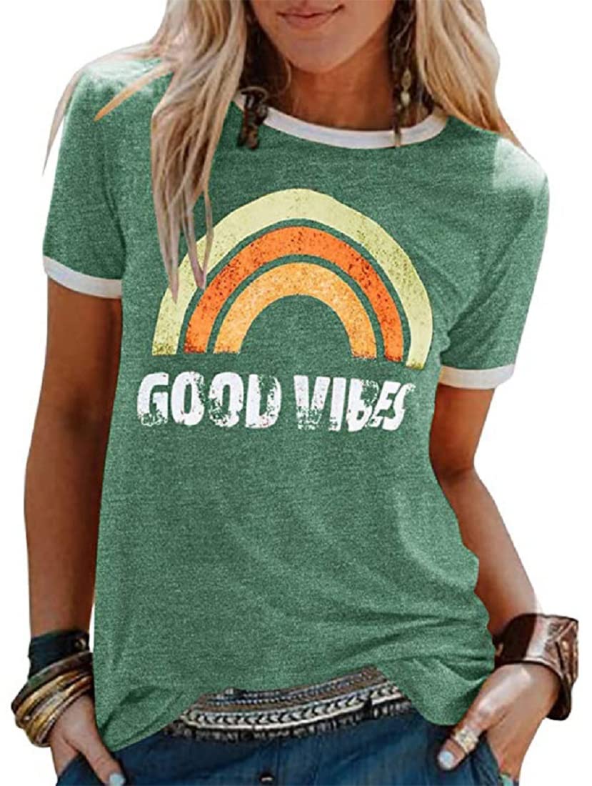 Womens Rainbow Graphic T-Shirts Summer Short Sleeve Crew Neck Vintage Graphic T Shirts Tops