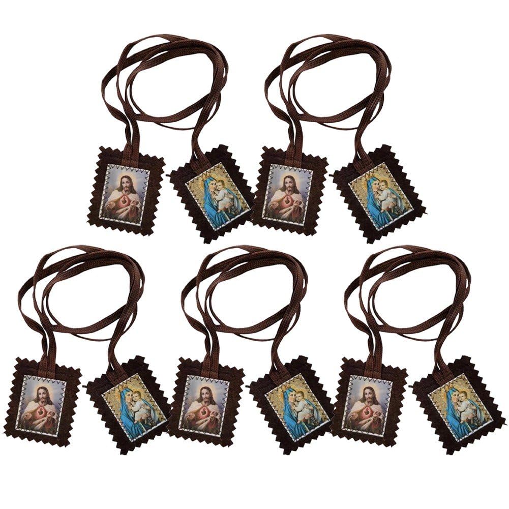 Luxylei Men's Brown 5 Pcs Catholic Scapular Our Lady Of Carmel And Sacred Heart Scapulars Catholic, Scapular Necklace For Wo With Scalloped Edges