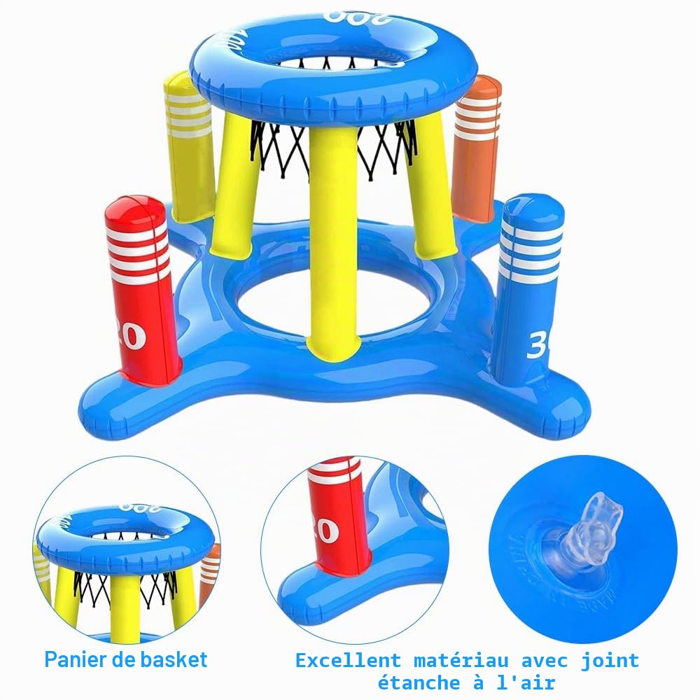Panier de basketball gonflable pour piscine avec jeu de lancer, jouet gonflable pour piscine, jouet d’eau, panier de basketball flottant avec 2 balles et 8 anneaux de lancer, jeu de piscine