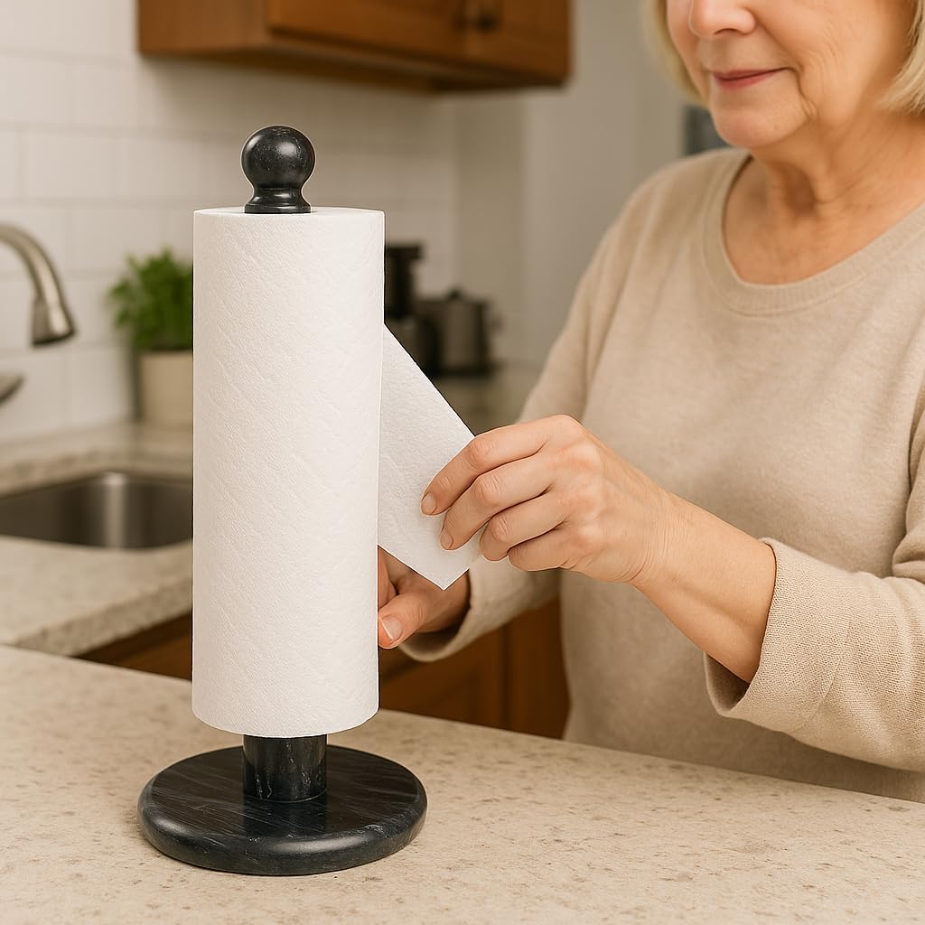 Creative Home Natural Marble Upright Paper Towel Holder 12.5" H × 6" Dia | Heavy Weighted Solid Base for Kitchen, Bathroom Countertop | Elegant Organizer and Gift Black