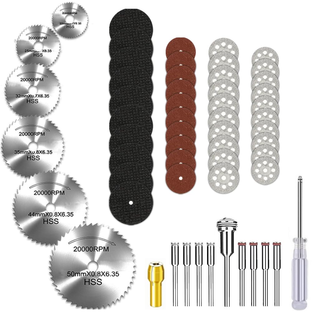 Cutting Wheel Set Compatible with Rotary Tool with 1/8" Shank, 545 Diamond Cut-Off Wheel 20 pcs, HSS Saw Blade 6pcs, Fiberglass Cutting Wheel 10pcs,