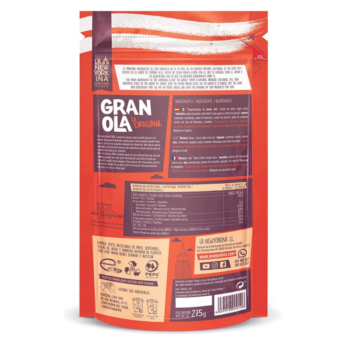 La Newyorkina Granola Original 275g Con Miel de España, Frutos Secos y Aceite de Oliva Virgen Extra
