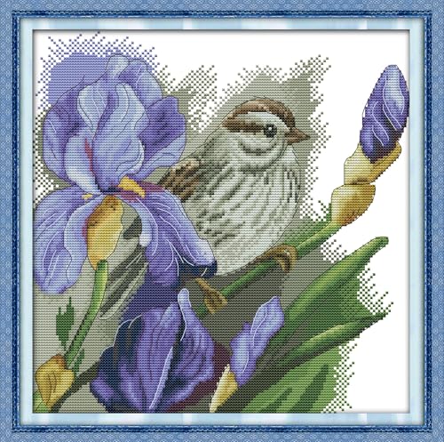 Image of Howie's Cross Stitch Kits, 14CT Pre-Printed Pattern Embroidery Set Needlework, Full Range of Stamped Starter Kits(The Sparrow and Flowers, 13.89 x 13.89 inch)