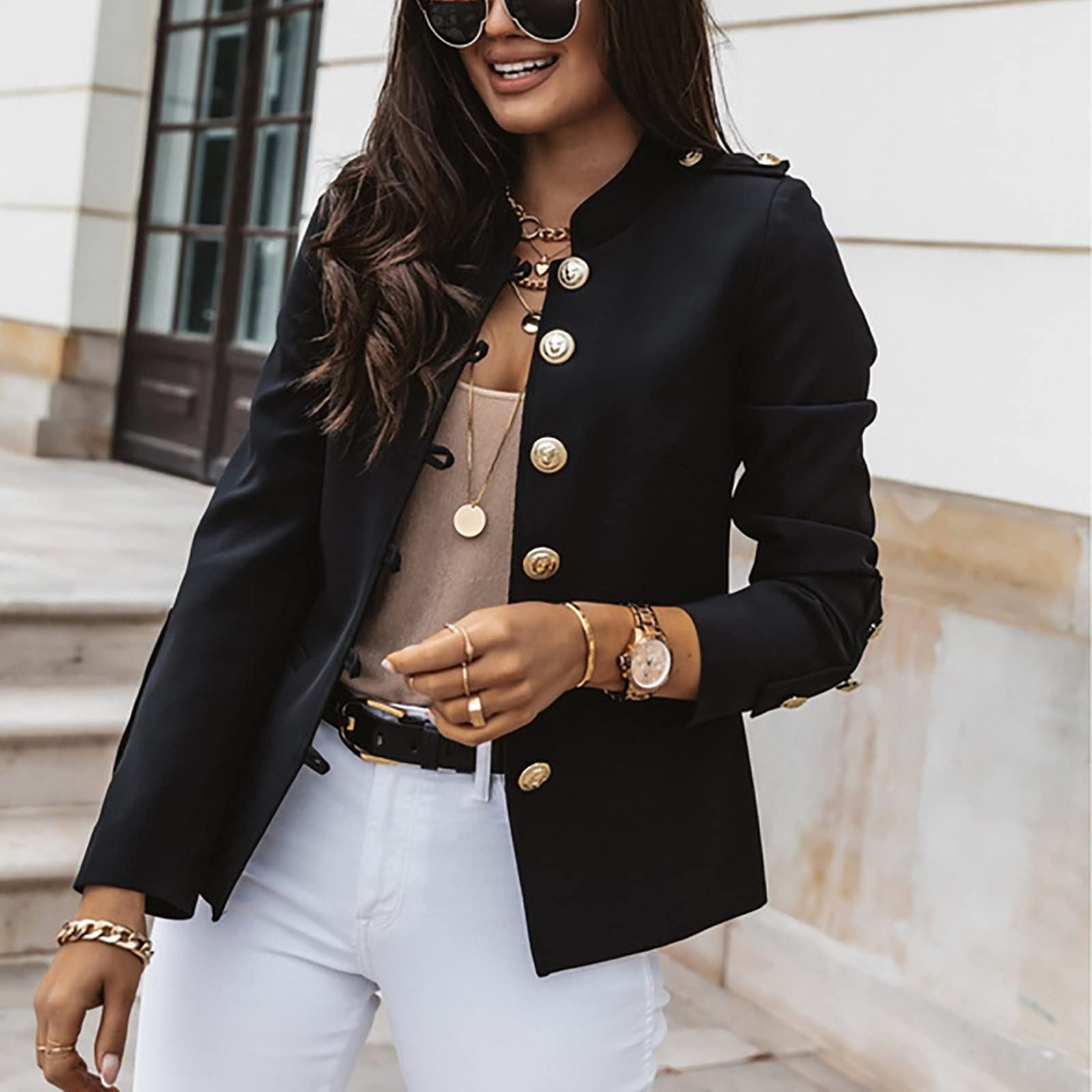 Sweatblazer damska kurtka garniturowa, elegancki płaszcz z listwą guzikową, płaszcz wojskowy, casualowy, marynarka rekreacyjna, stójka, biznesowy, do biura, marynarka, płaszcz slim fit, M - 3XL