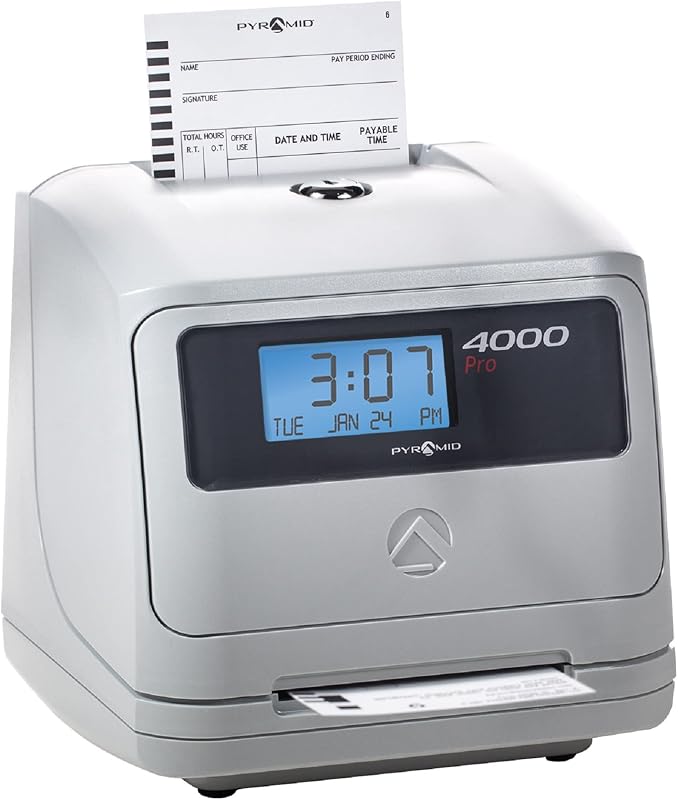 Sistemas de Tiempo Piramidal - Modelo 4000 Reloj de Tiempo Total Automático - Plata | Reloj Perforador de Tiempo Electrónico para Pequeñas Empresas, Incluye 25 Tarjetas de Tiempo, Cinta, 2 Llaves de Seguridad (7.25"de altura x 7" de ancho x 6.75"de profundidad)