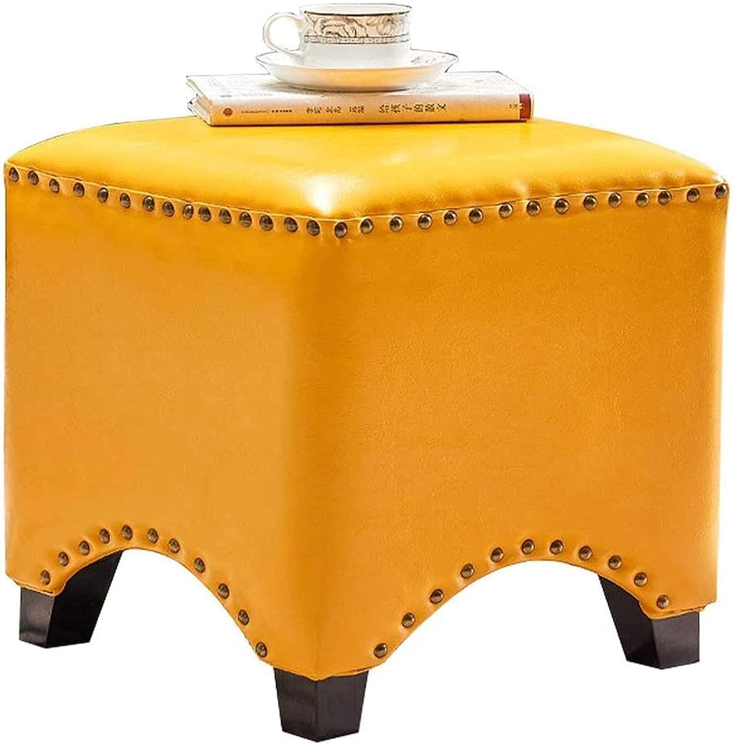 Repose-Pieds Ottoman en Cuir Jaune et Bois Massif pour Salon Élégant