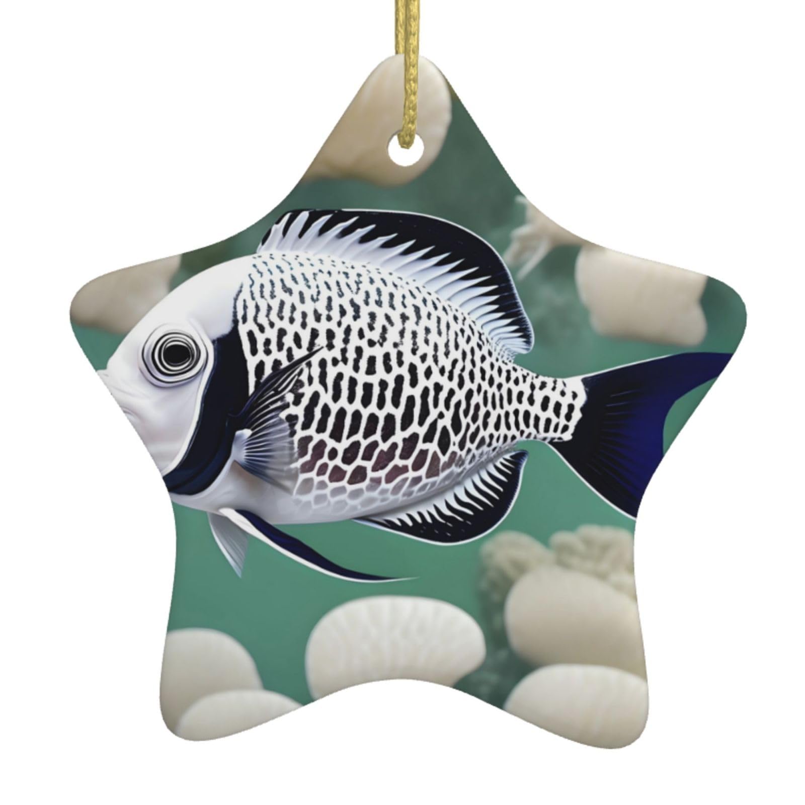 White Tropical Fish Christmas Ceramic Star Pendant with Punched Holes and Gold Wire Rope, Christmas Tree Home Decoration